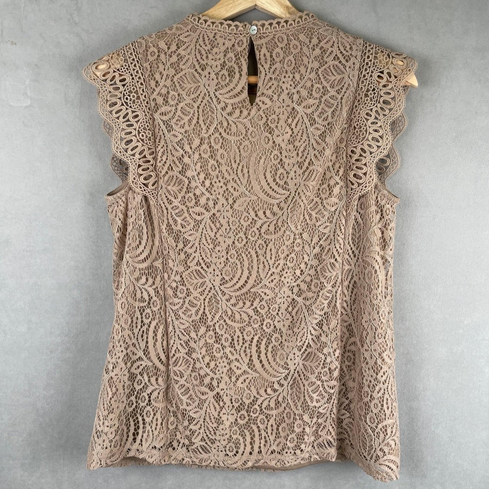 Cable & Gauge Womens Tan Floral Lace High Neck Sleeveless‎ Shell Coquette Top M - Picture 2 of 8